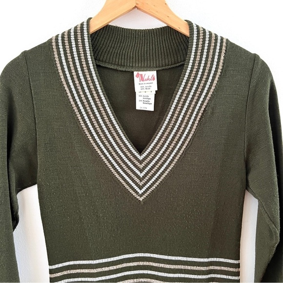 Vintage 60s 70s Maxi Dress Swedish Metallic Knit Striped V Neck Sweater Mod MCM - Picture 7 of 9